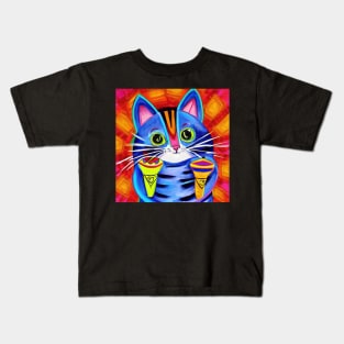 Blue Spanish Cat Playing Maracas Music, Colorful Mexican folk art painting Kids T-Shirt
